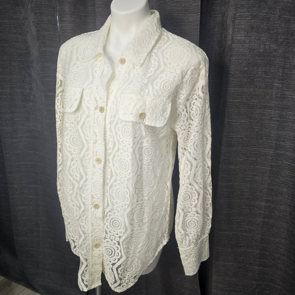 Voy Shirt Semi-Sheer Lace Button-Up‎ Blouse Top Off-White Ivory Small NWT